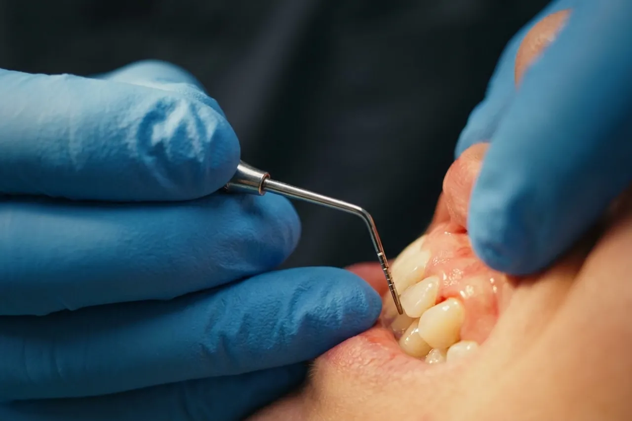 Sonda periodontal medindo a profundidade do sulco gengival
